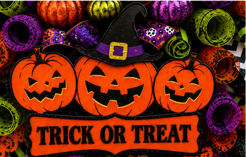 Pumpkin wreath with deco mesh ribbon and Halloween sign