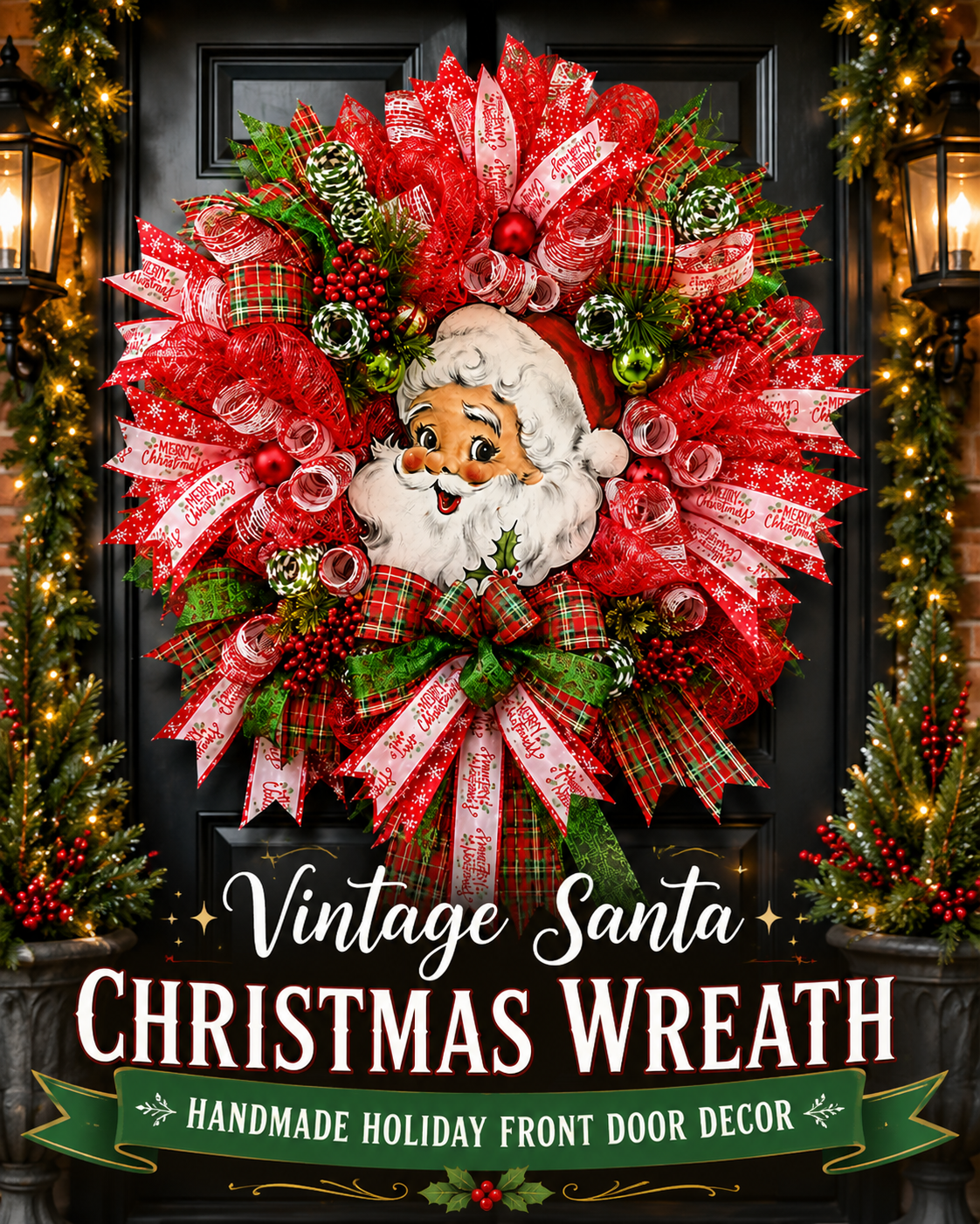 Traditional Vintage Santa Christmas wreath with layered red mesh, plaid ribbon, and holiday decorations for front door display.