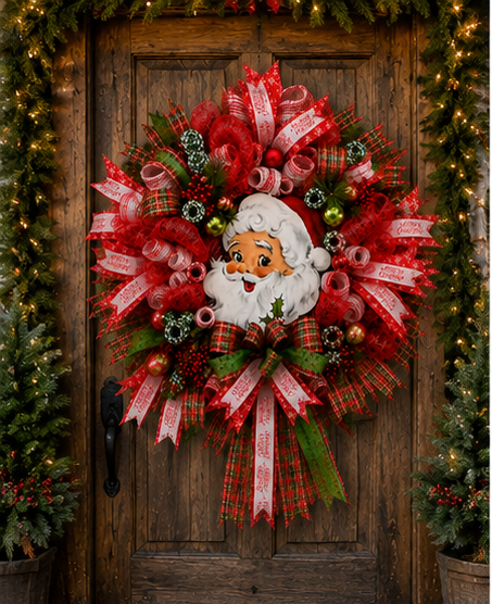 Traditional Vintage Santa Christmas wreath with layered red mesh, plaid ribbon, and holiday decorations for front door display.