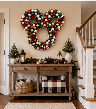 A large Mickey Mouse-shaped Christmas wreath made of red, green, and white ornaments hangs on a beige wall above a wooden console table decorated for Christmas in a home entryway.