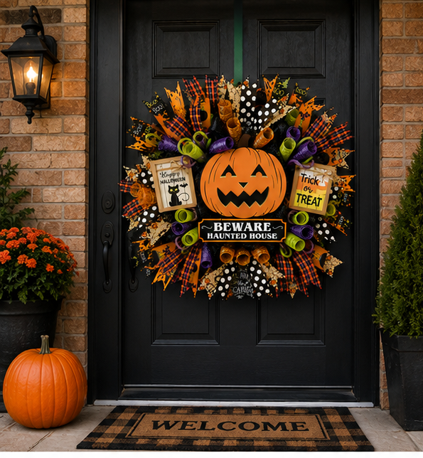 Handmade Halloween front door wreath with pumpkin sign, deco mesh, designer ribbons, Trick or Treat accents, and whimsical Halloween decorations in orange, black, purple and lime green.