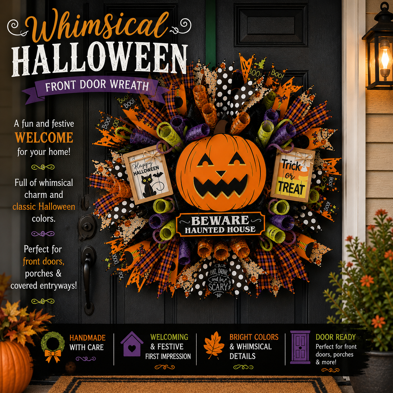 Whimsical Halloween pumpkin wreath for front door featuring premium deco mesh, Halloween ribbon, jack-o'-lantern sign, Trick or Treat decor, and handmade fall home decorations.
