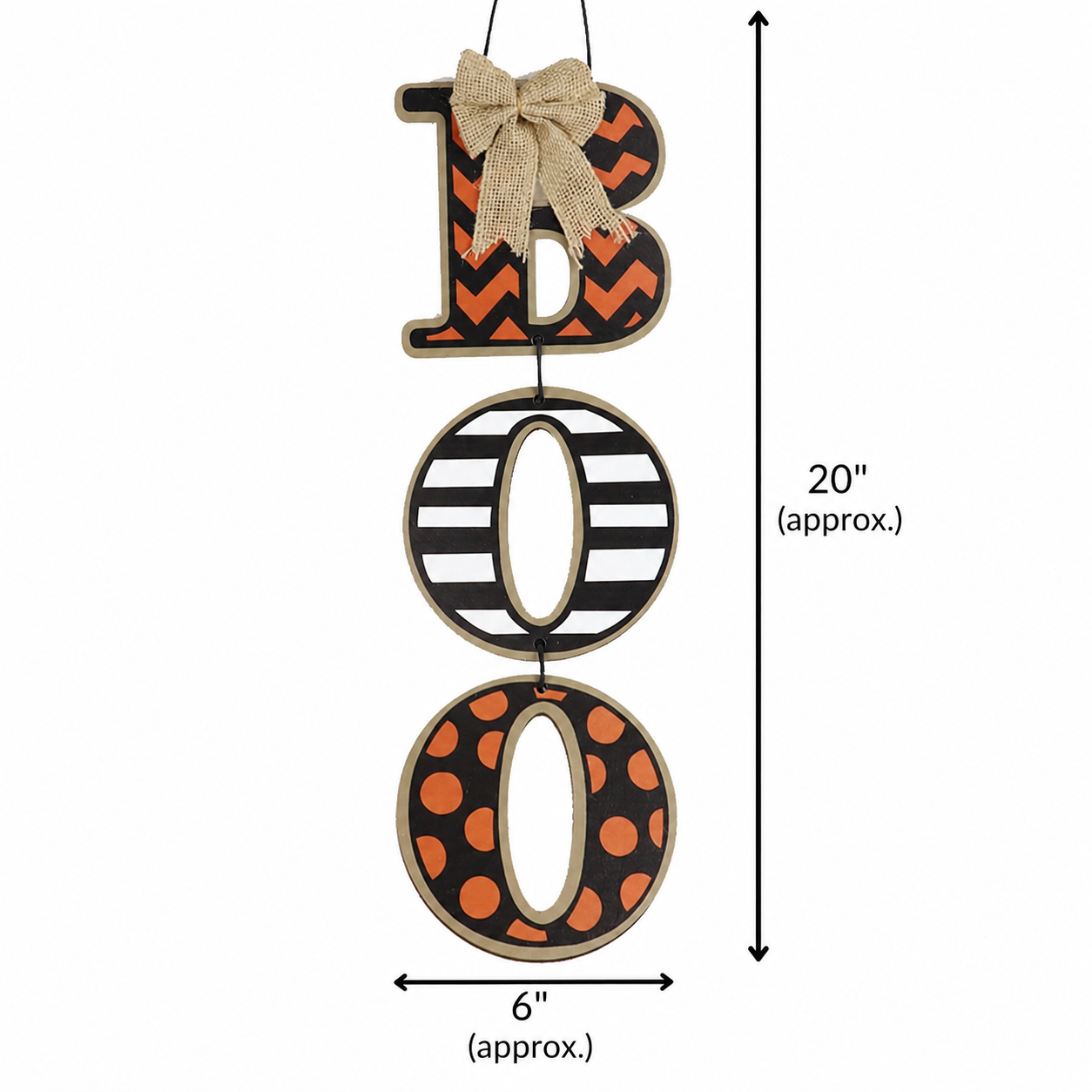 20-inch handmade Halloween BOO wooden door hanger measuring approximately 6 inches wide with rustic burlap bow.