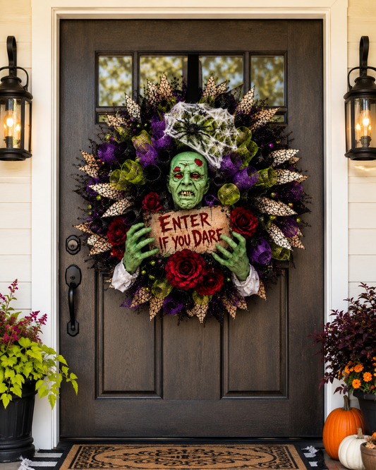 Luxury Zombie Halloween wreath hanging on a black front door.