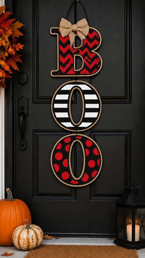Halloween BOO Door Hanger | Handmade Wooden BOO Sign | Farmhouse Halloween Porch Decor | Black Red Front Door Decoration