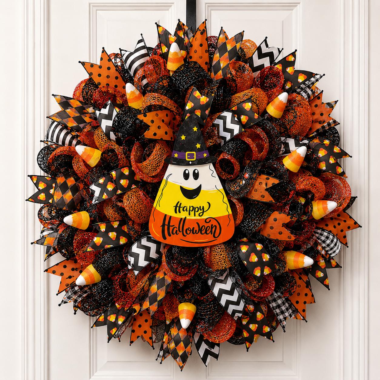 Handmade Candy Corn Halloween wreath with witch candy corn sign
