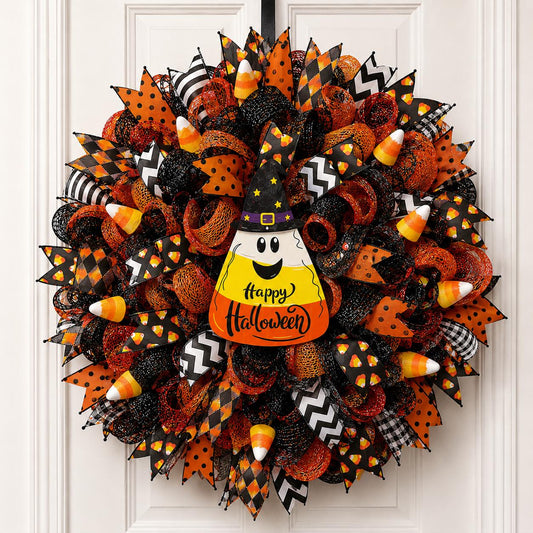 Handmade Candy Corn Halloween wreath with witch candy corn sign