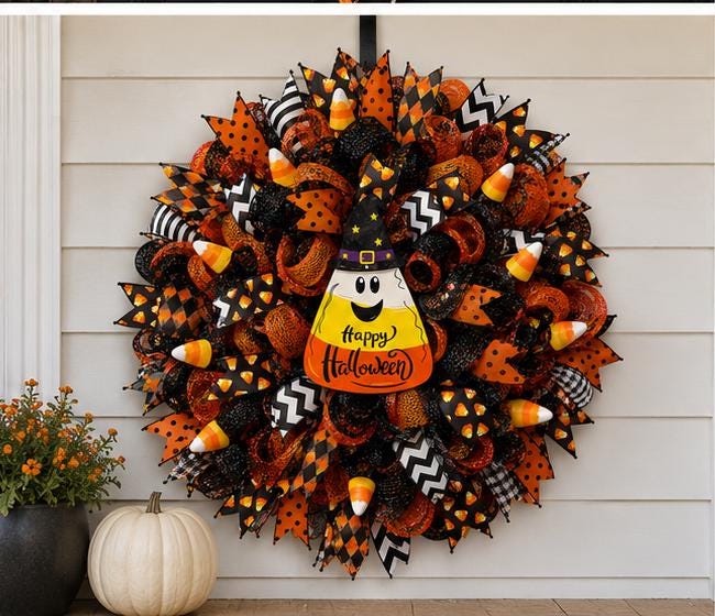 Handmade Candy Corn Halloween wreath with witch candy corn sign