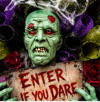 Close-up of realistic zombie head Halloween wreath centerpiece.