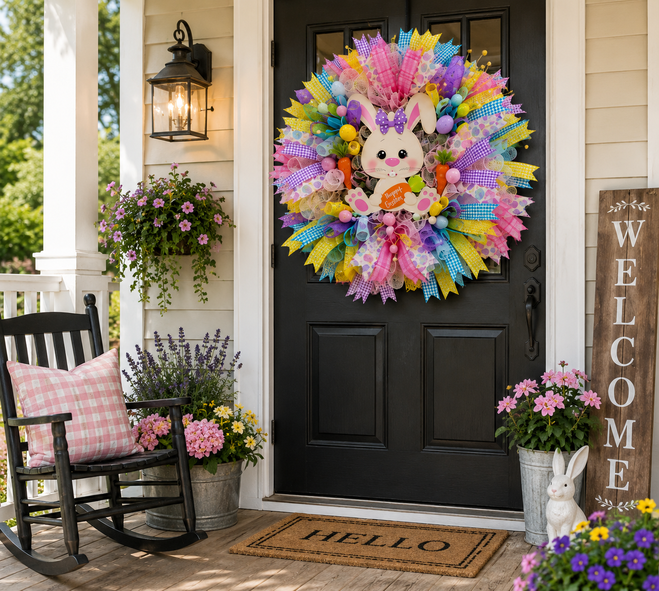 A colorful Easter-themed mesh wreath with a bunny face and pastel ribbons hangs on a black front door. The porch is decorated with a rocking chair, potted flowers, a 'HELLO' doormat, and a wooden 'WELCOME' sign.