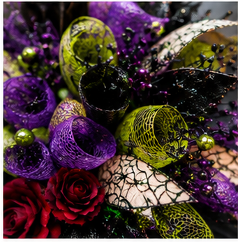Premium deco mesh Halloween wreath with purple, lime green and black ribbons.