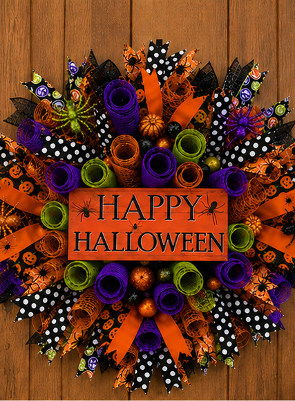 Happy Halloween Wreath for Front Door – Handmade Halloween Deco Mesh Door Decor