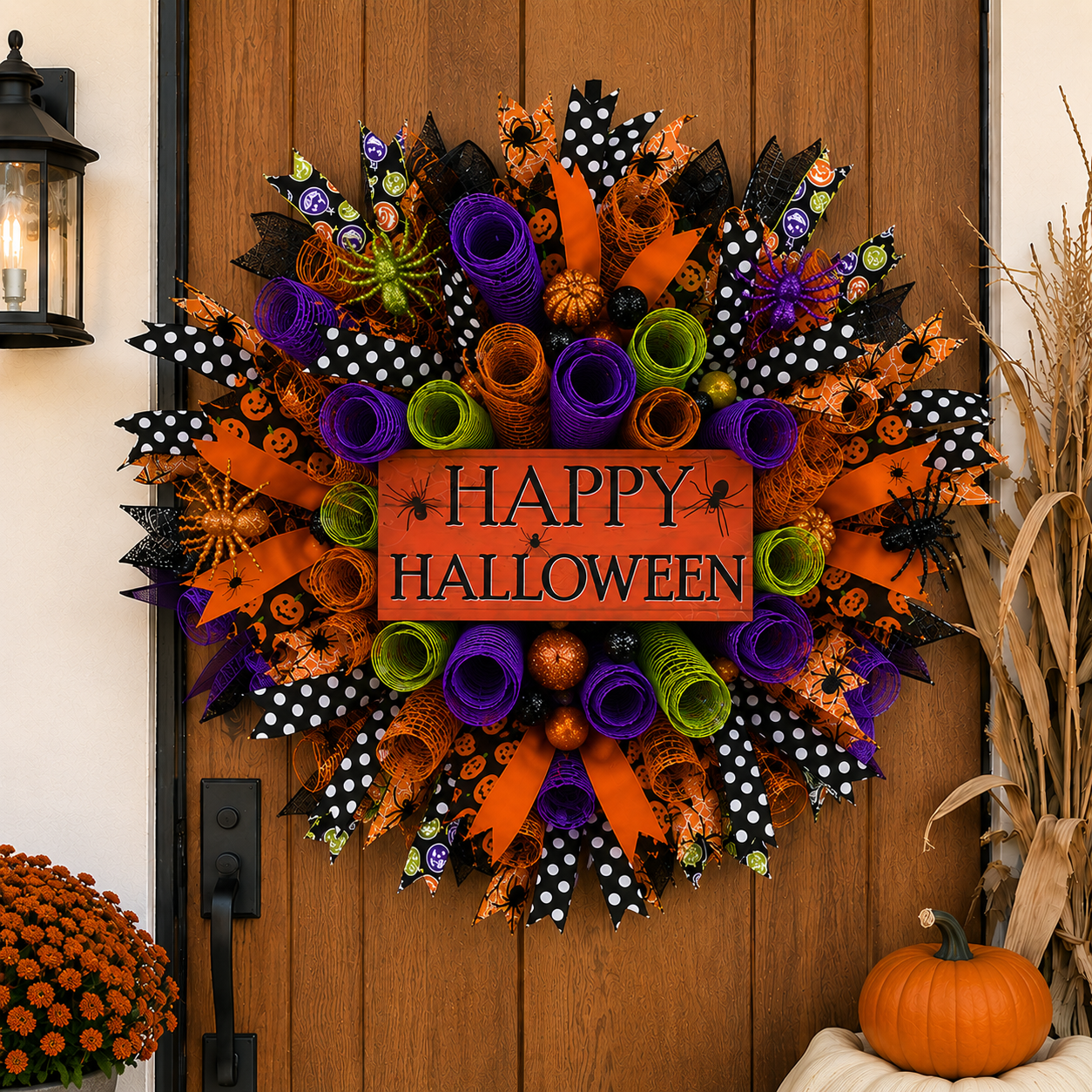 Happy Halloween Wreath for Front Door – Handmade Halloween Deco Mesh Door Decor