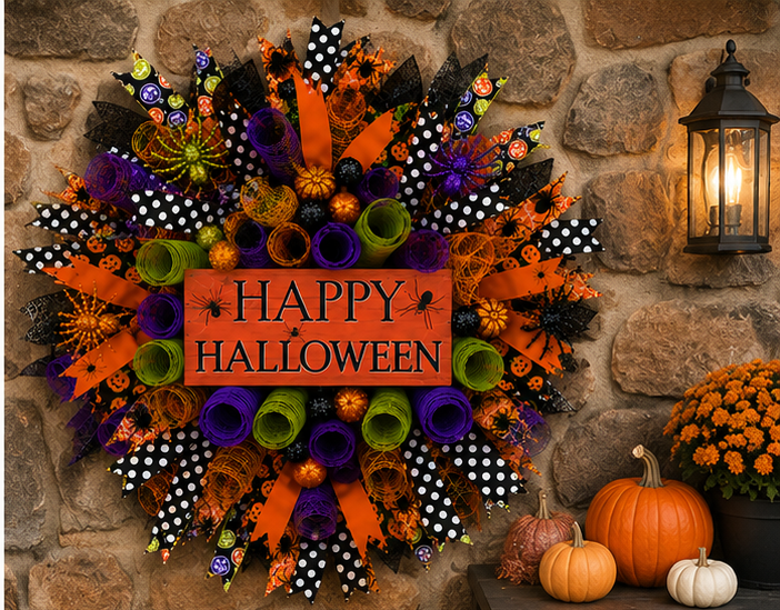 Happy Halloween Wreath for Front Door – Handmade Halloween Deco Mesh Door Decor