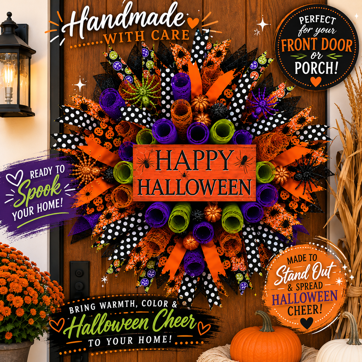 Happy Halloween Wreath for Front Door – Handmade Halloween Deco Mesh Door Decor