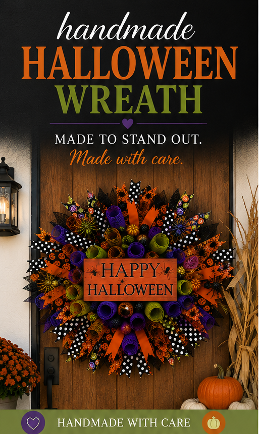 Happy Halloween Wreath for Front Door – Handmade Halloween Deco Mesh Door Decor