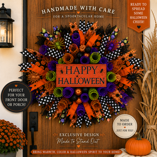 Happy Halloween Wreath for Front Door – Handmade Halloween Deco Mesh Door Decor