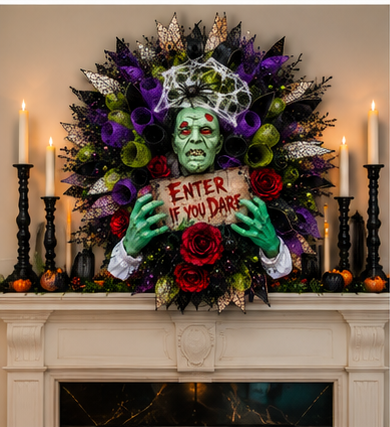 A large Halloween wreath hanging on a fireplace mantel, featuring a green zombie face, green hands, purple and red roses, black and white ribbons, spiderwebs, and a sign that reads 'ENTER IF YOU DARE'. The mantel is decorated with lit candles, black candlesticks, and small pumpkins.