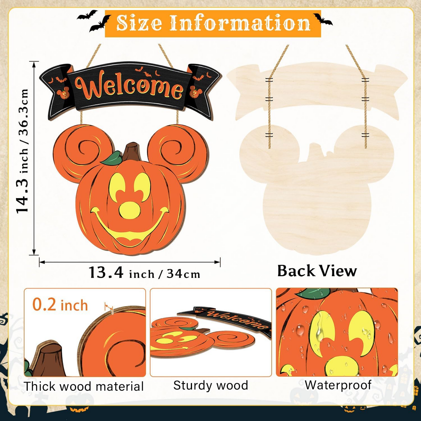 Size information graphic for a Halloween hanging pumpkin sign shaped like a mouse head. The front view shows an orange carved pumpkin face with a black banner above reading “Welcome” in orange.
