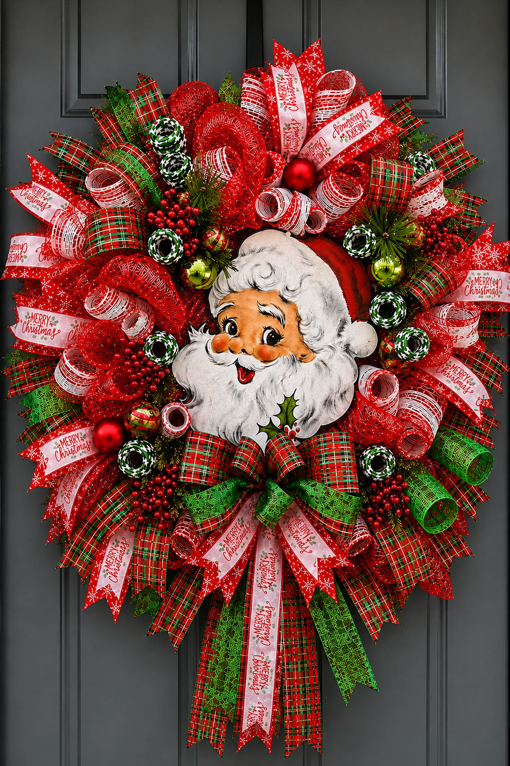 Santa ClauVintage Santa Christmas Wreath | Handmade Red & Green Front Door Holiday Wreath | Large Christmas Door Decors Front Door Wreath - Traditional Christmas Holiday Wreath