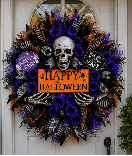 Handmade Halloween Skull Wreath – Purple, Black & Orange Front Door Decor