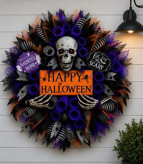 Handmade Halloween Skull Wreath – Purple, Black & Orange Front Door Decor