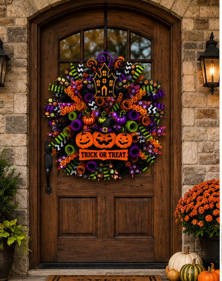 Halloween Wreath for Front Door | Trick or Treat Pumpkin Wreath with Haunted House Sign | Handmade Halloween Door Decor