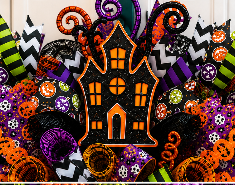 Halloween Wreath for Front Door | Trick or Treat Pumpkin Wreath with Haunted House Sign | Handmade Halloween Door Decor
