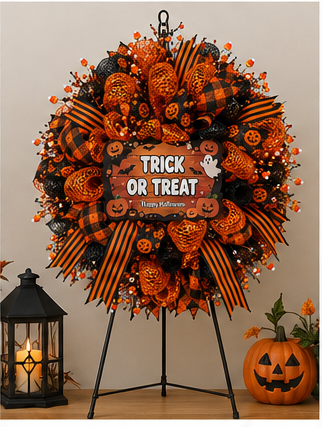 Handmade Trick or Treat Halloween Wreath | Orange & Black Deco Mesh Front Door Wreath | Premium Halloween Door Decor
