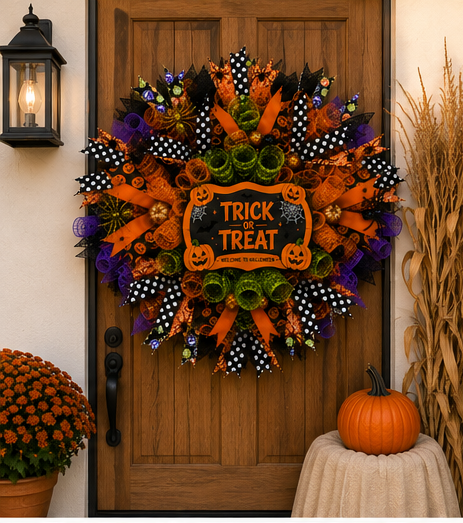 Halloween Trick or Treat Wreath | Handmade Deco Mesh Front Door Wreath | Spooky Halloween Door Decor