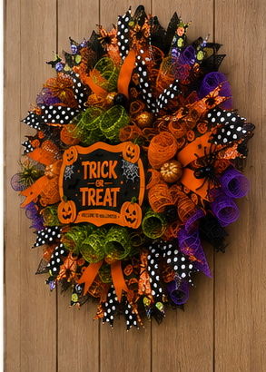 Halloween Trick or Treat Wreath | Handmade Deco Mesh Front Door Wreath | Spooky Halloween Door Decor