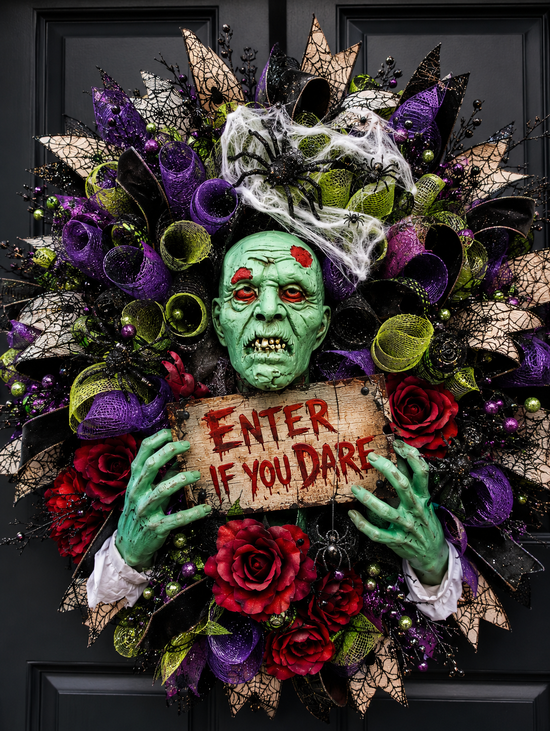 Halloween zombie wreath with red roses and premium mesh.